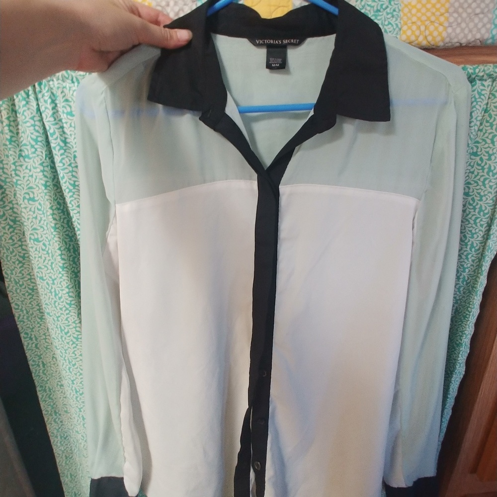Cute sheer dress shirt mint white and black trim